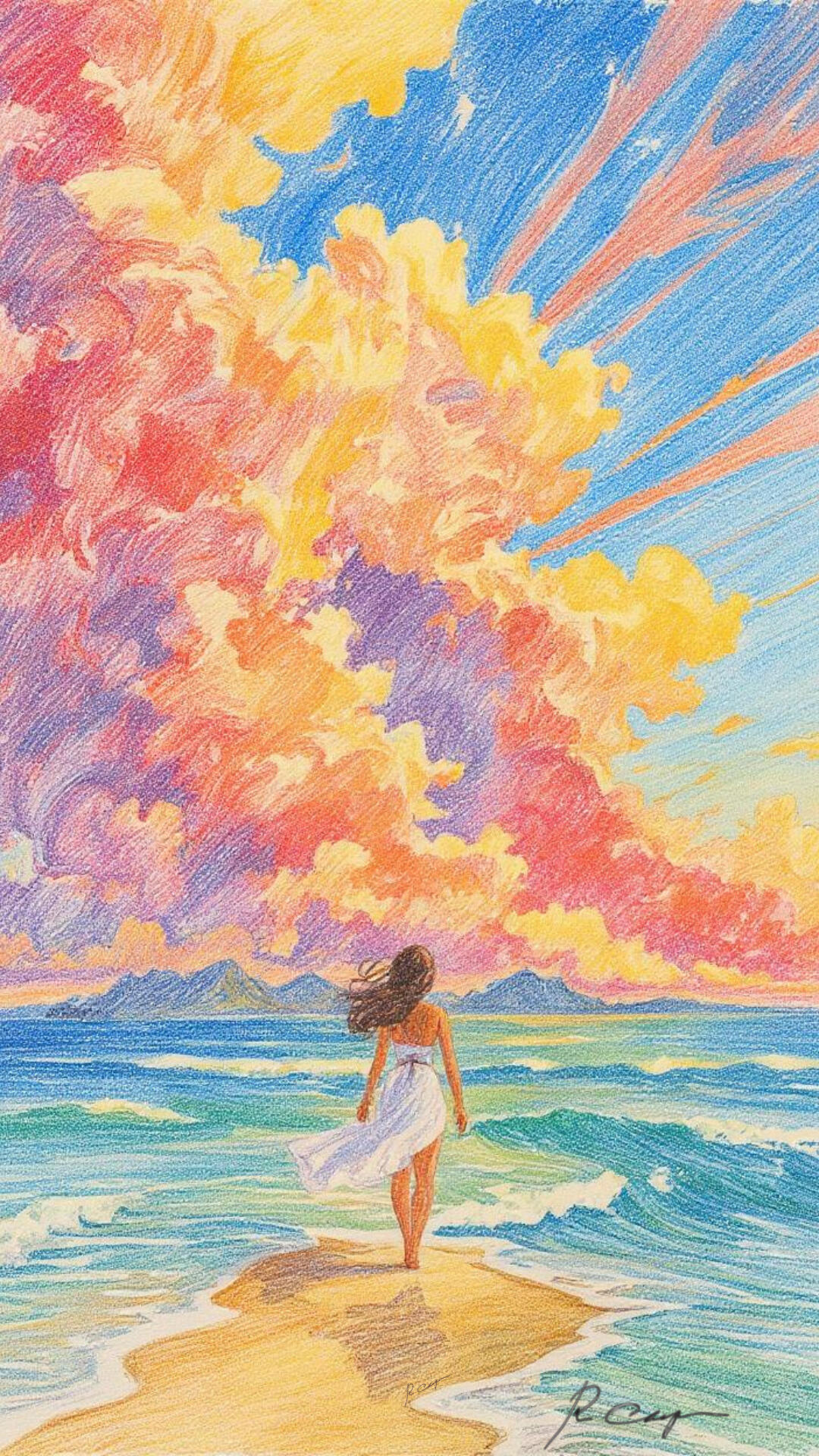 Rainbow sky Boracay Colored Pencil Drawing by Rowena Camposano